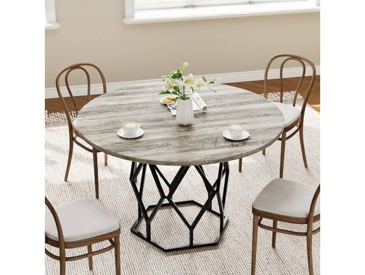 GarveeMore Runder Esstisch mit Eisenbeinen für 4–6 Personen, 120 cm Rautenförmiges Eisengestell + Spanplatte, Küchentisch für Esszimmer, Wohnzimmer & Küche, 2 Farben: Grau, Braun