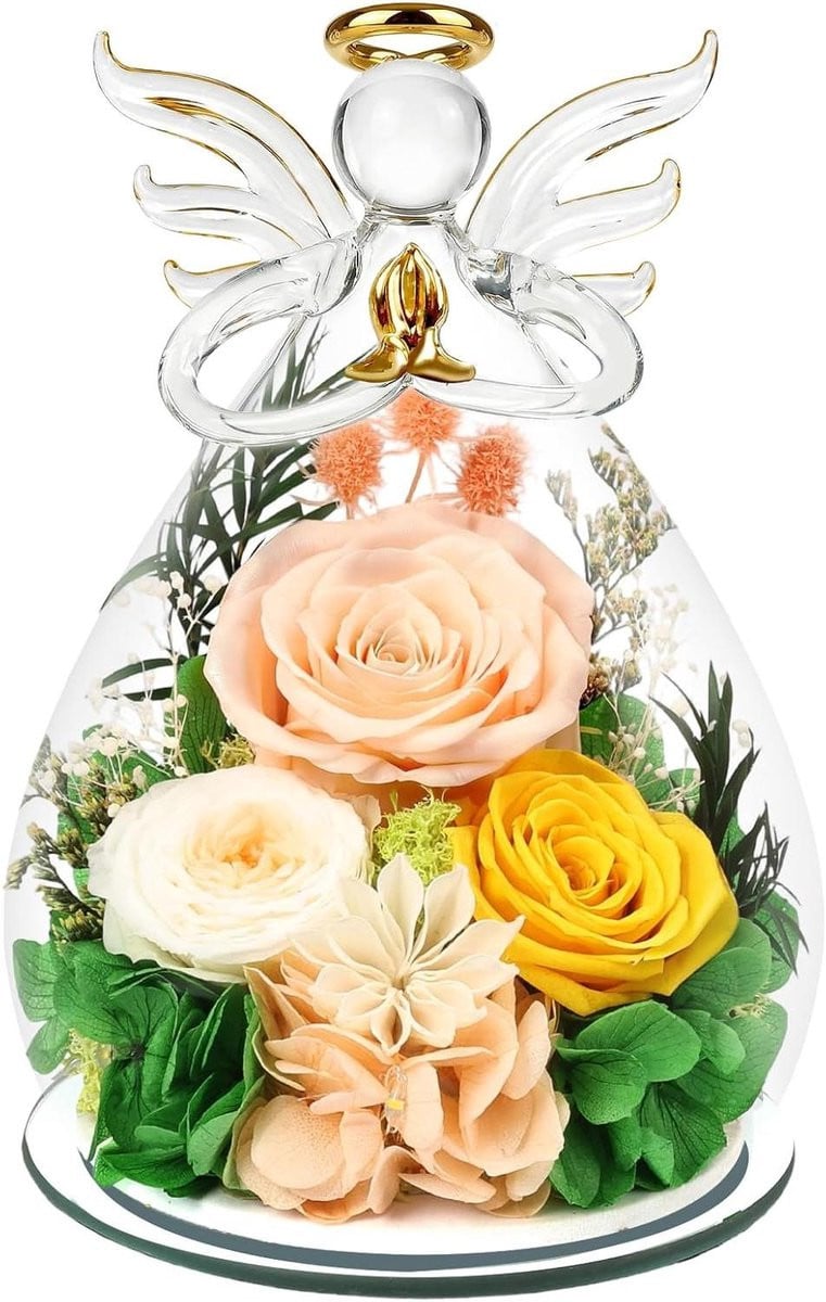 Geconserveerde Roos met Engel Beeldje - Eeuwige Bloemen Decoratie - Champagne