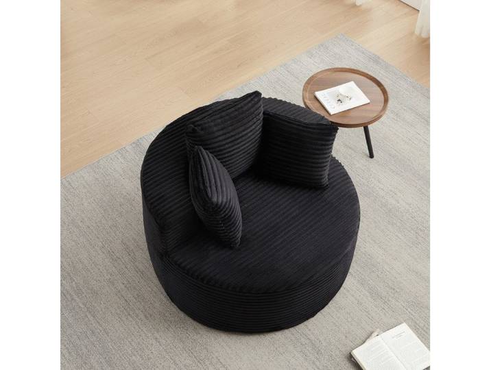 WUVRIE Fauteuil rond 1 place diamètre 110 cm en velours côtelé noir avec 3 coussins