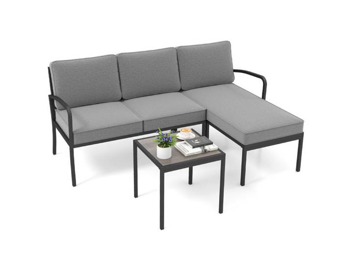 Ensemble 3PCS Table et Chaises de Jardin COSTWAY Coussins Amovibles Lavables Table Basse en Verre Canapé d'Angle Modulable Gris