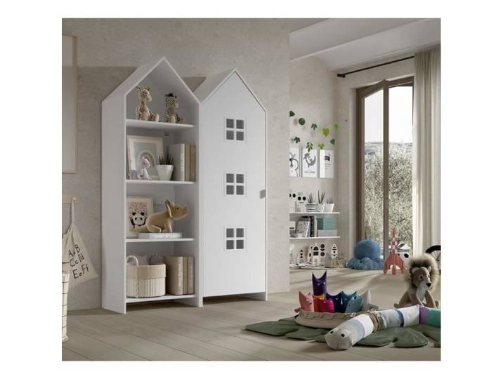 BEAUVILLE - Pack Bibliothèque + Armoire Cabane 1 Porte Blanche