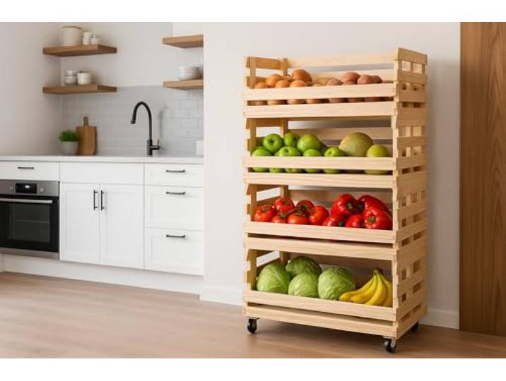 Kistenland Obstregal Bernd XXL mit 4 Stapelkisten, Rollbar, Nadelholz, 115 x 58 x 40 cm