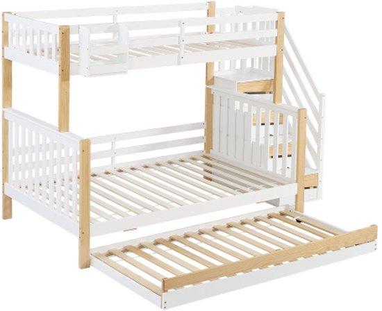 Kinderbett mit Sicherheitsgurten und Geländer, drei Schlafpositionen, Ausziehbett, Weiß und Natur.