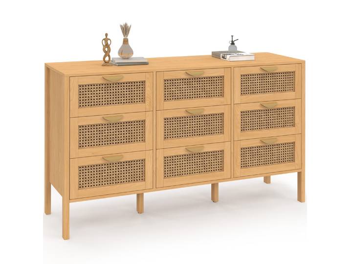 Commode 9 Tiroirs Edhen Xxl 136 Cm Bois Et Cannage