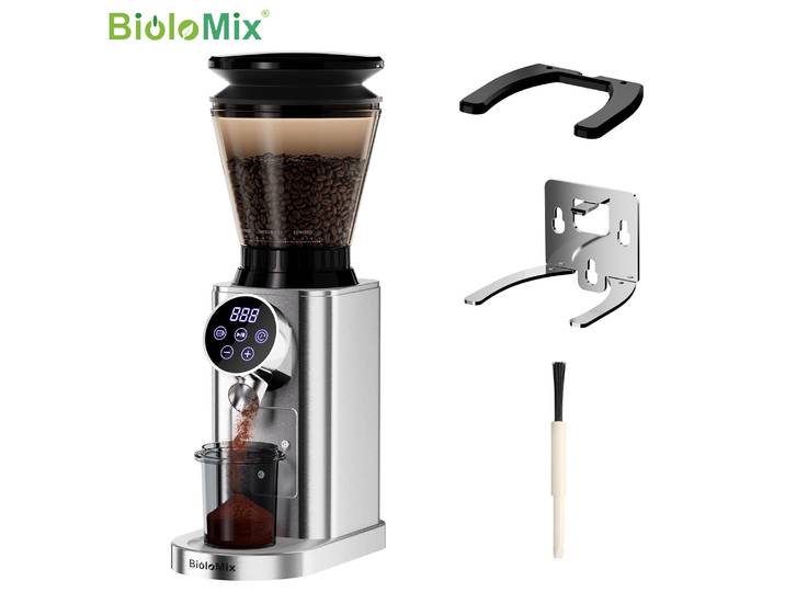 BioloMix Moulin à café électrique à bavures coniques avec support amovible, avec 48 réglages de mouture réglables, pour café expresso