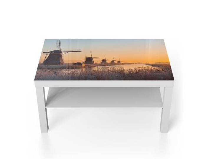 DEQORI Glastisch weiß groß 90x50 cm Motiv Mühlen im Morgenlicht ausgefallener Beistelltisch aus Glas Hochglanz Couchtisch fürs Wohnzimmer moderner Couch Tisch mit Design