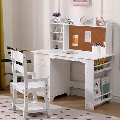 Garvee Kids Study Desk and Chair Set, Features Bookshelf, Bulletin Board, and Cabinets