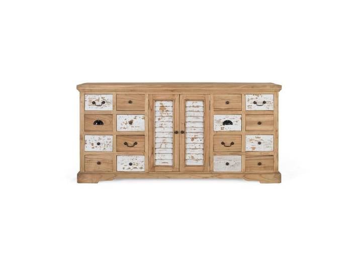 Buffet rustique en bois massif - 12 tiroirs - 2 portes - 160x50x77 cm - Bois de mindi - Finition naturelle - Marron