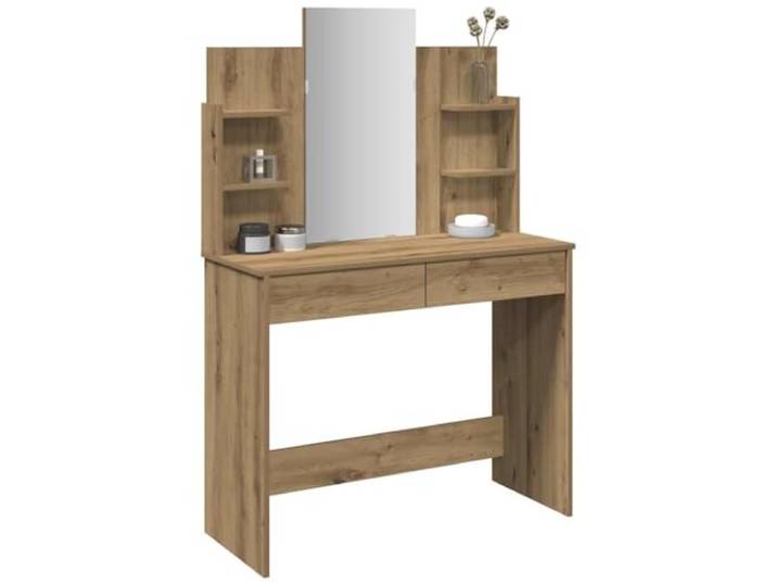 Schminktisch mit Spiegel aus Holz, 96 x 39 x 142 cm 2 Schubladen, 4 kleine Regale, Spiegel im Lieferumfang enthalten, Wandbefestigung im Lieferumfang enthalten, Schlafzimmer