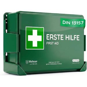 Flexeo Verbandskasten 1158, DIN 13157, für Betriebe & Zuhause, Kunststoff, grün, mit Wandhalterung
