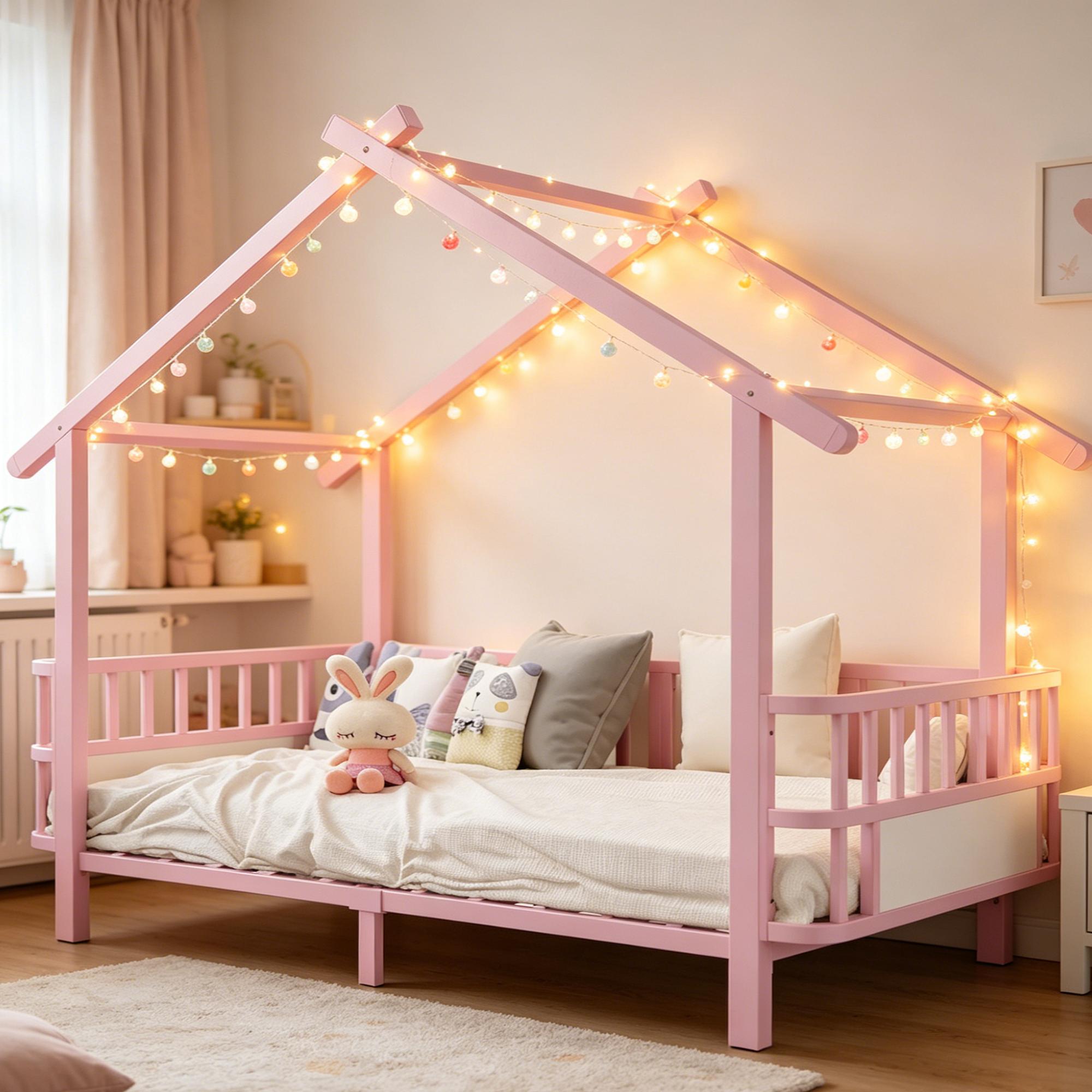 okwish Kinderbett 90×200 mit Matratze und Sicherheitsgitter,Einzelbett Design in Dachform, Metallbett in Rosa
