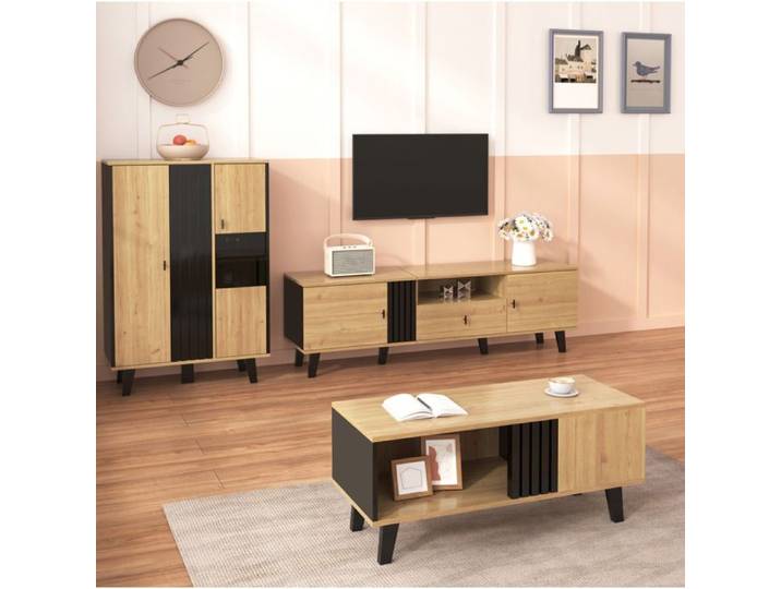 ULEVR Ensemble meubles de salon 3 pièces - table basse meuble TV 170 cm et buffet avec LED bois et noir