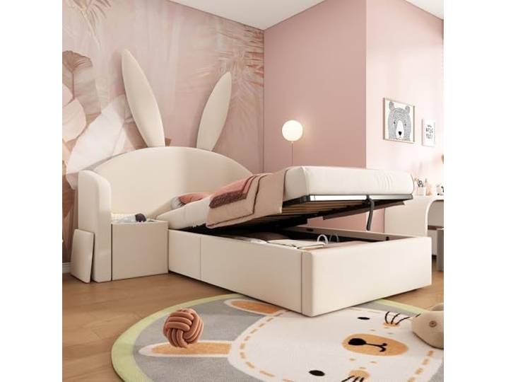 YAIXBNG Polsterbett 90x190cm mit Hasenohren-Kopfteil, Kinderbett mit Hydraulischem Stauraum & Nachttisch, Samt Softbett, Beige (Ohne Matratze)