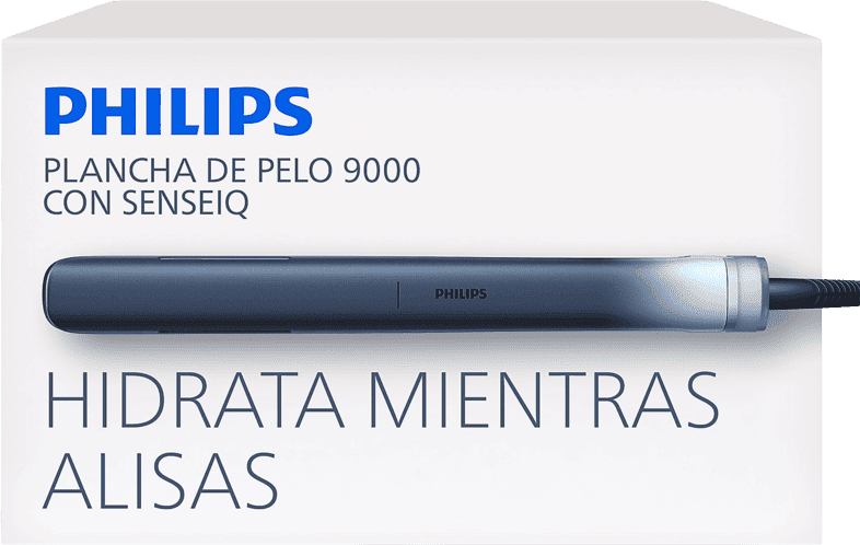 Plancha de pelo - Philips Aqua Edition 9000 BHS956/00, SenseIQ, placas cerámicas, alisa y crea ondas, iones agua, azul oscuro