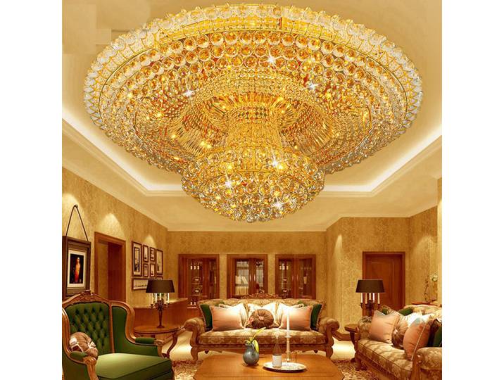 Lustre de plafond élégant en cristal, style continental circulaire doré, pour salon, hall d'hôtel, restaurant, décoration d'hôtel de luxe
