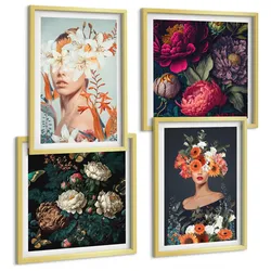 BILDER SET 4er Set - 50x50 cm & 40x60 cm Goldrahmen - Blumenporträts, Sträuße, Blätter