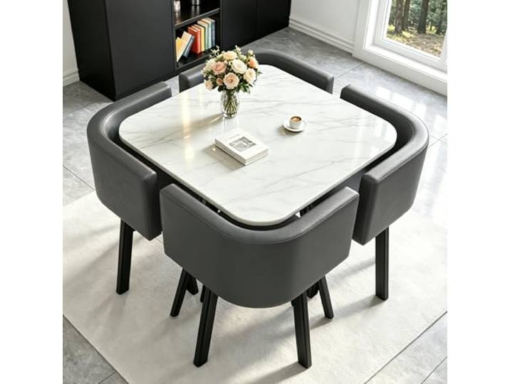 AMZSEW Essgruppe 5-Teilig, Küchenstühle Runder Esstisch und 4 Kunstleder Esszimmerstühle (White-1)