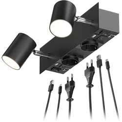 ledscom.de Wandspot WAIKA, 2-flammig, schwarz, Steckdosen, USB-C, USB-A, inkl. LED GU10 Lampen je 450lm, warmweiß