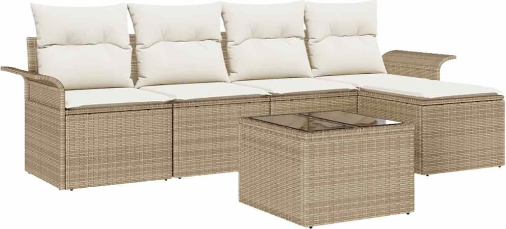 Modulares Gartensofa-Set, 6-teilig, mit Kissen & Stauraum, wetterfestes Poly-Rattan & Stahlrahmen, Einscheibensicherheitsglas-Tisch, Beige