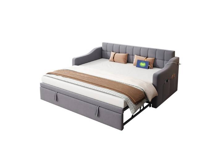 BlingBin Schlafsofa 2 in 1 Multifunktions Schlafsofa Polsterbett Doppelbett Daybett, 1er Set 1 Teile, Samtstoff Polsterbett mit Steckdose und Aufbewahrungstasche