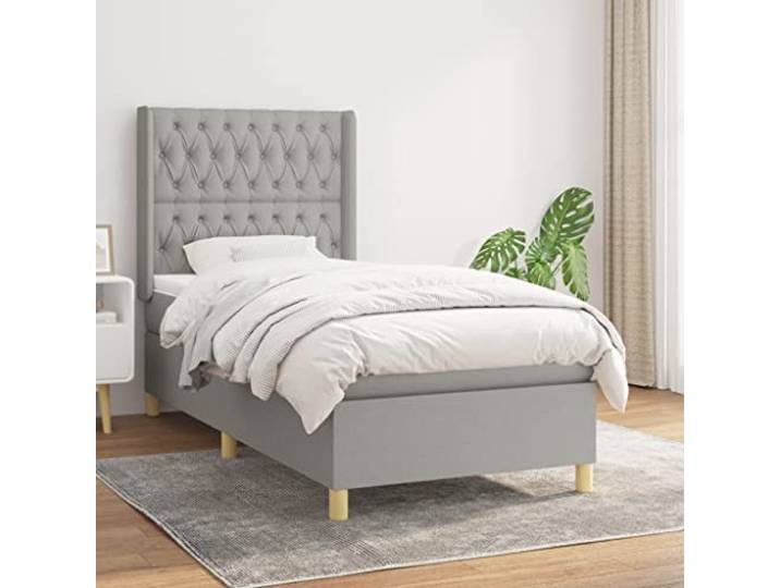 RJPLMFV Bett 90 x 190 cm mit Lattenrost und Matratze, hellgrau Verstellbarer Kopf, Taschenfedern, mittlere Unterstützung, Matratzenschoner inklusive