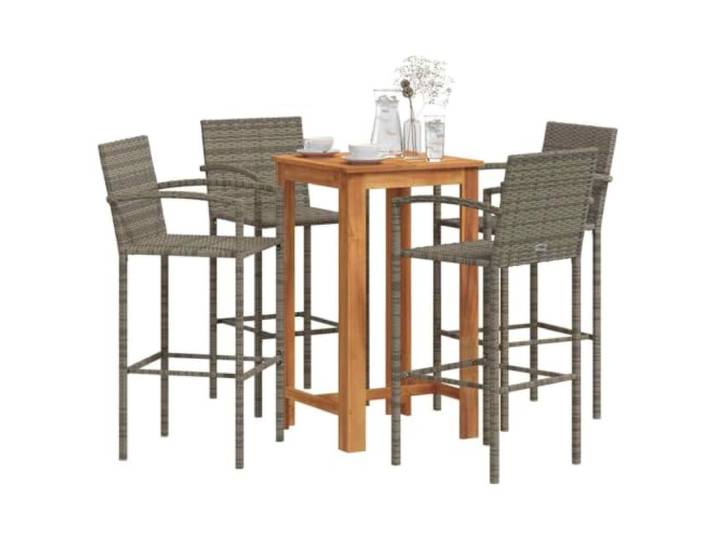 PE Rattan Wetterbeständig Akazienholz Poly Rattan Bar Set Grau 5 tlg. 5-tlg. Gartenbar Set Grau Akazie Massivholz Poly Rattan Bistro Tisch 4 Barhocker Sitzgruppe Balkon Terrasse