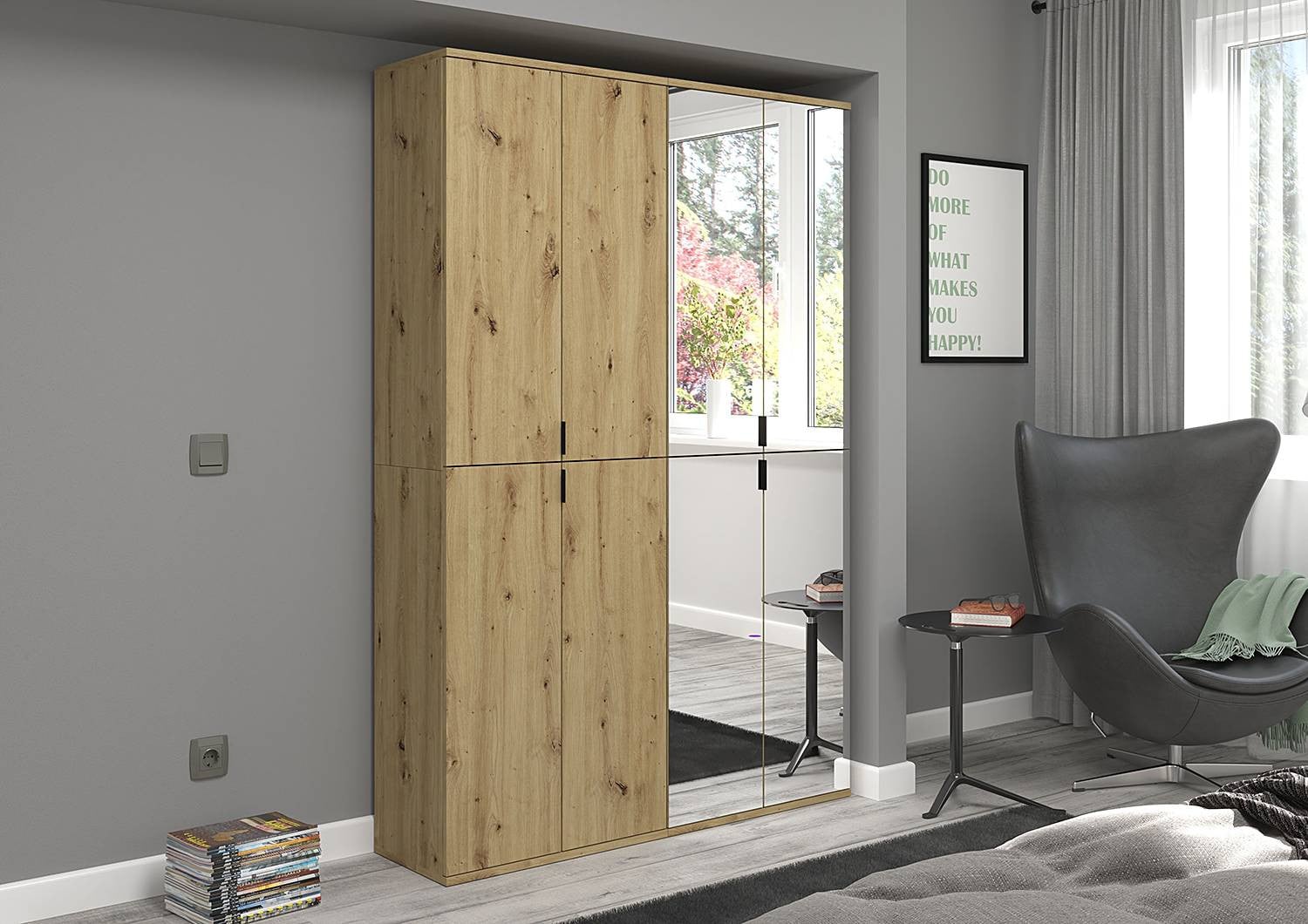 home24 Halkast type A in bruin Artisan eikenhouten look met spiegeldeur, Breedte: 61 cm