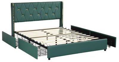 Costway Full/Queen Size Upholstered Bed Frame with 4 Drawers-Green-Full Size