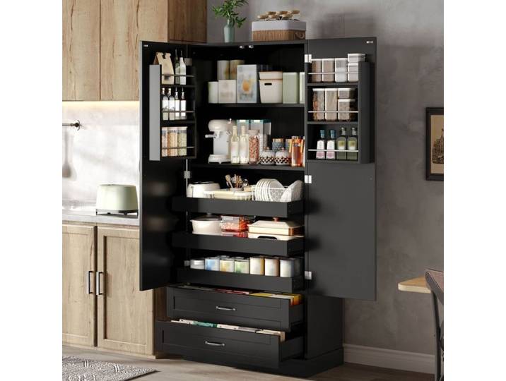 Meuble haut de cuisine - WESTYLE - 80x37 5x180 cm - 3 plateaux coulissants - 2 tiroirs - Porte double avec étagères