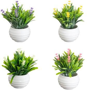 Nearly Natural 5-in Mini Flowering Lavender Arrangement in Oval Planter - Set of 4