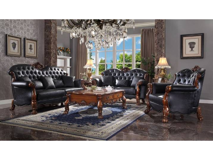 JVmoebel 3-Sitzer Barockstil Couchgarnitur aus Leder in Schwarz, Made in Europa