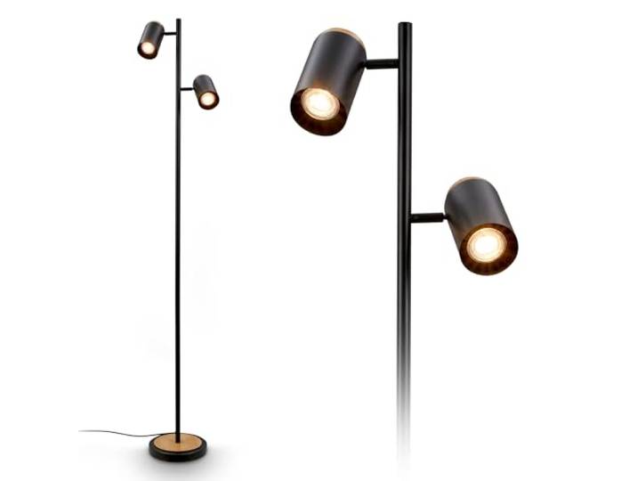 BRILONER - Lampadaire avec interrupteur sur le câble\, têtes de spot orientables\, 2xGU10 douille\, lampadaire sur pied salon\, lampe sur pied\, 26x26x159\,5 cm\, noir-bois
