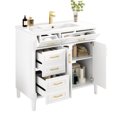 Merax Waschtischunterschrank 91 x 46.5 x 88 cm mit Keramikwaschbecken, 4 Schubladen und goldenen Griffen, Weiß