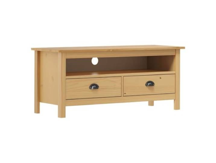 KGFHERENB TV-Schrank Massivholz 110x40x47 cm Hill Honigbraun Rustikales Lowboard fürs Wohnzimmer mit zwei Schubladen und offenem Gerätefach für Receiver sowie Spielekonsolen.