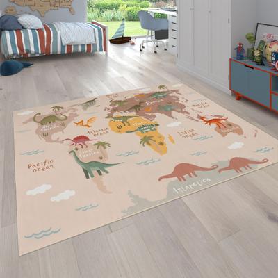 Kinderteppich PACO HOME "Bino 583", beige, B:200cm H:4mm L:200cm, Polyester, Teppiche, Kinderteppich, Spielteppich, Motiv Weltkarte & Dinosaurier, Kinderzimmer