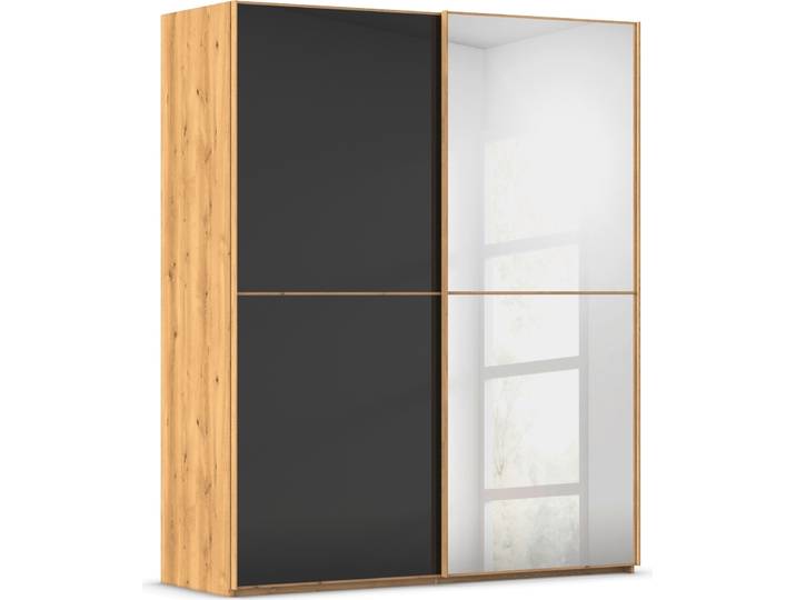 Schwebetürenschrank, 181x223 cm, Holzwerkstoff, Asteiche/Glas Schwarz, 2-türig, Modern, Rauch