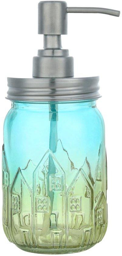 Unyqoos elegante glazen zeepdispenser met roestvrijstalen pomp, blauw-groen