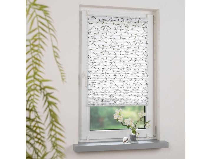 Plissee LIEDECO Klemmfix-Plissee verspannt, Druck Blätter , grün (weiß, schwarz), B:40cm H:130cm, Plissees, Plissee, Bedrucktes Plissee mit Blattmotiv