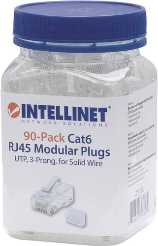 Intellinet 90er-Pack Cat6 RJ45-Modularstecker UTP 3-Punkt-Aderkontaktierung für Massivdraht 90 Stecker im Becher 790604 Crimpkon