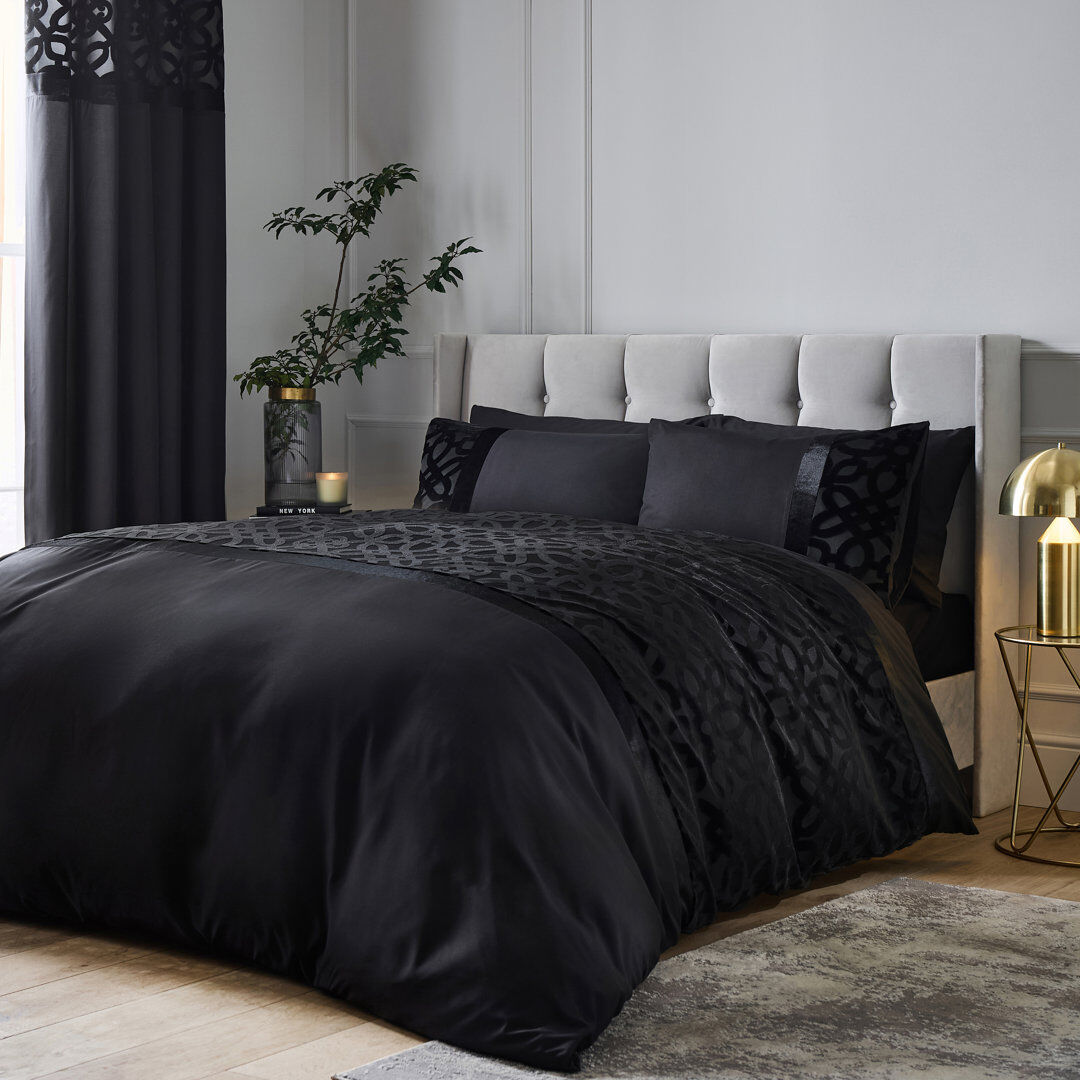 Catherine Lansfield Lattice Cut Velvet Lined Eyelet Curtains Two Panels Black 168cm W X 183cm H