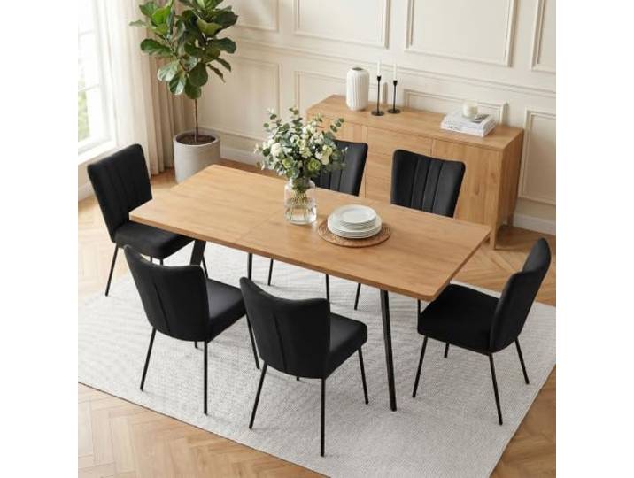 JIEXI Esstisch mit 6 Stühlen Set, 140-180CM, Esszimmer MDF-Esstisch, Metallgestell, platzsparendem