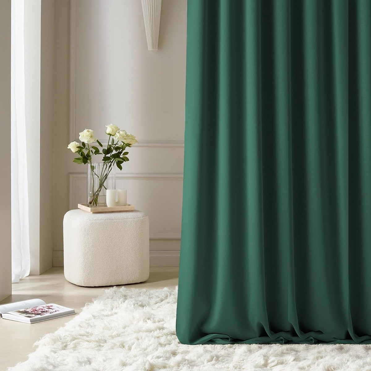 Aura schuifgordijn met zilveren ringen, flessengroen, B: 140 cm, H: 250 cm
