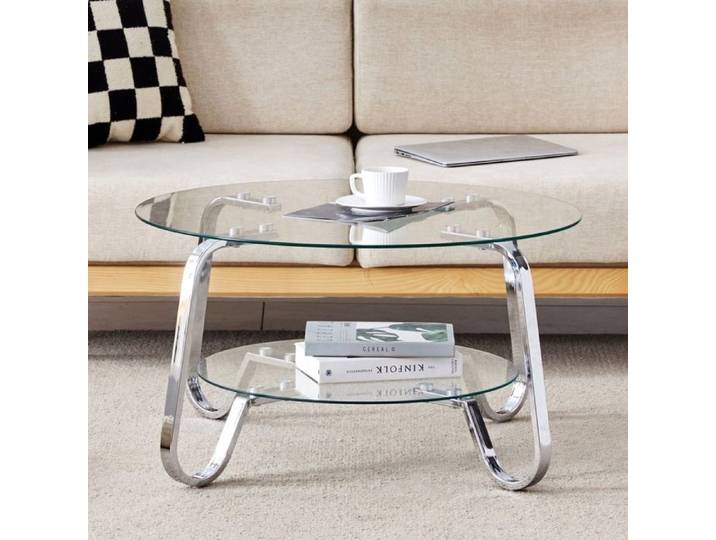 Table Basse Ronde en Verre Trempé Double Plateau et Structure Métallique Style Rétro Minimaliste - 80x80x45cm - Argent