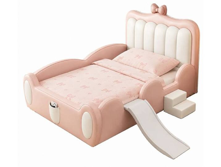 Xlmoebel Kinderbett Rosa Holz-Kinderbett mit Rutsche und Seitengittern für Mädchen, Made in Europa