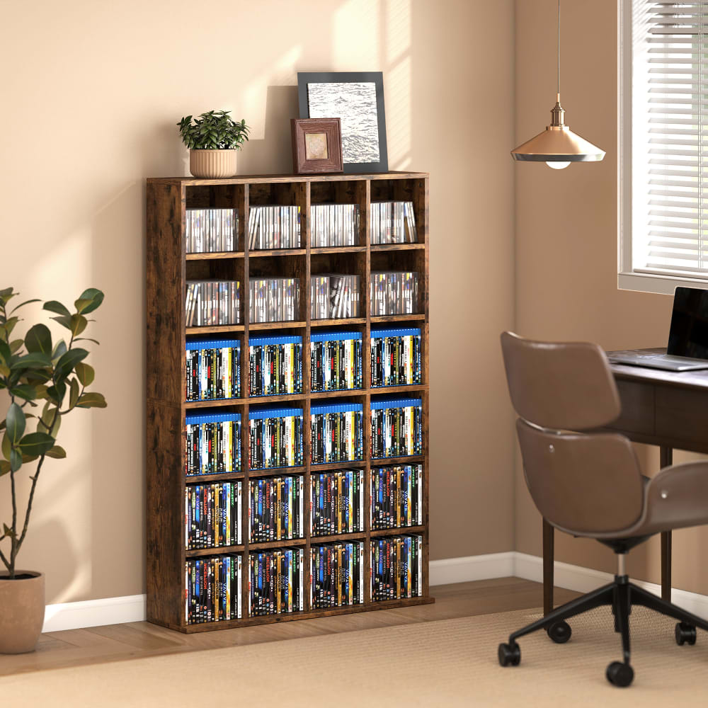 Homcom Meuble de rangements pour cd et dvd 24 compartiments bois marron Marron 89x131x20cm