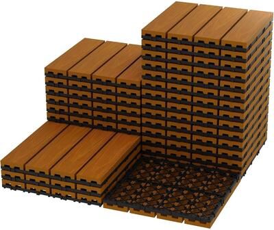 "Garvee Waterproof Plastic Wood-Grain 12""X12"" Composite Interlock Deck Tiles for Indoor & Outdoor"