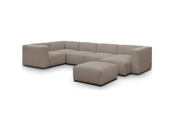Canapé modulable panoramique 6 places, méridienne droite + pouf taupe