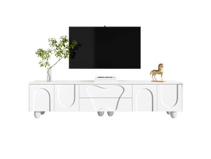 LEMLIT Meuble TV 180 x 40 x 42 cm Buffet Bas avec 2 Tiroirs et 4 Portes - Pieds en Bois Massif - Blanc