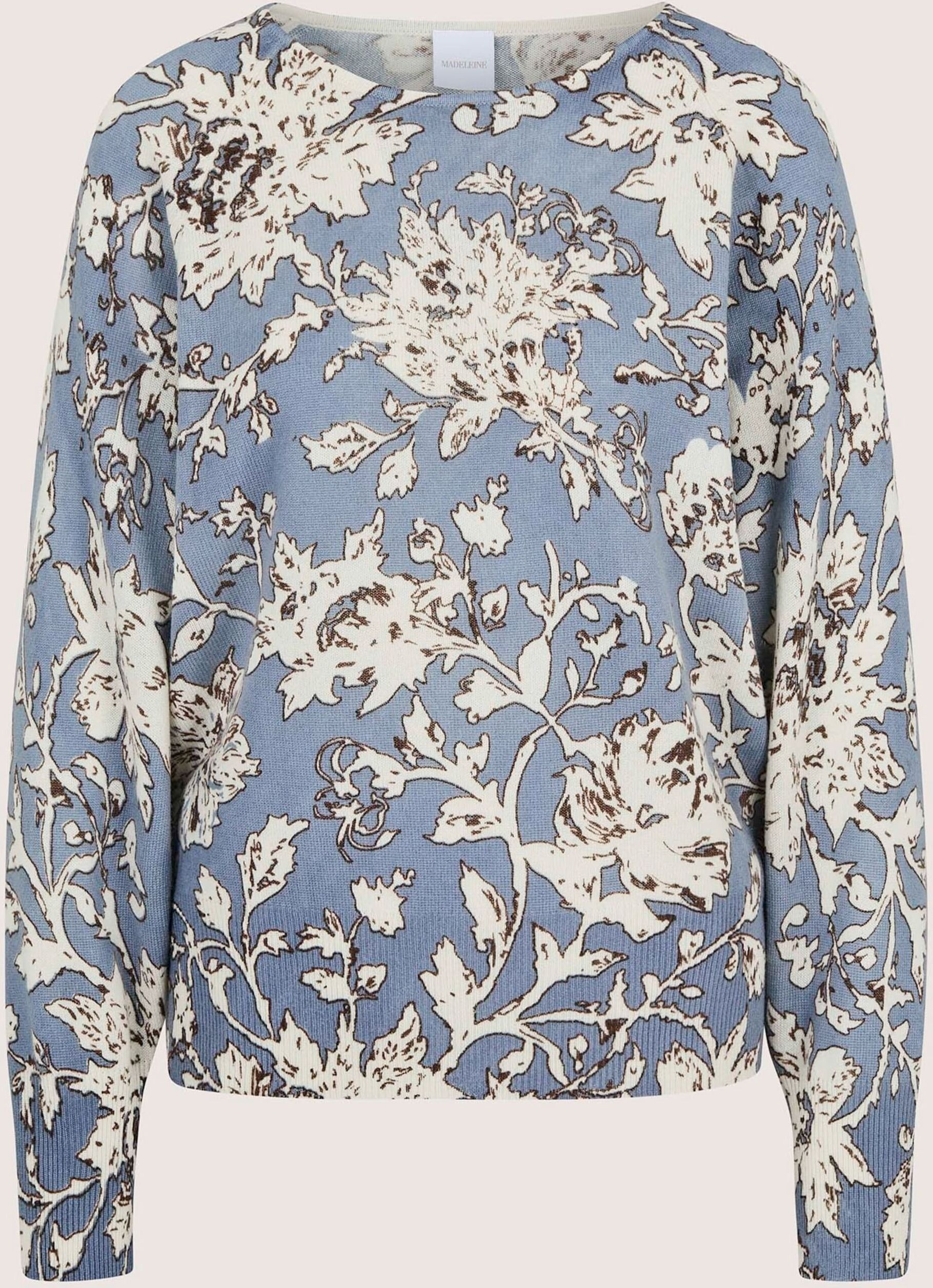 Longpullover MADELEINE "Pullover Kaschmirpullover mit Blütenmuster", Damen, Gr. 34, blau (rauchblau, wollweiß, multicolor), Modern, comfort fit, Pullover Longpullover