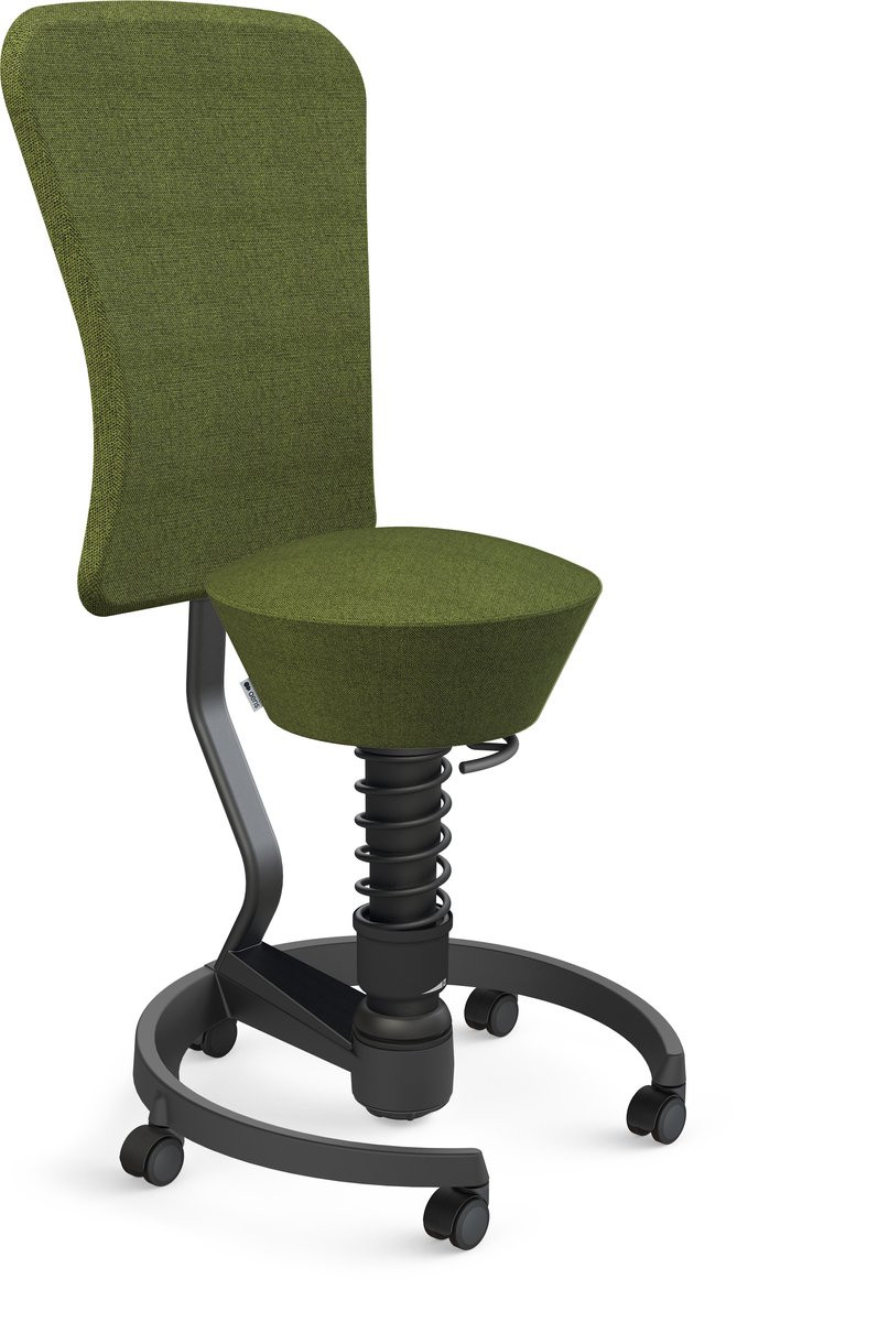 Aeris Swopper actieve bureaustool met rugleuning en zwenkwielen voor harde vloeren, zwart met groene melange wollen bekleding